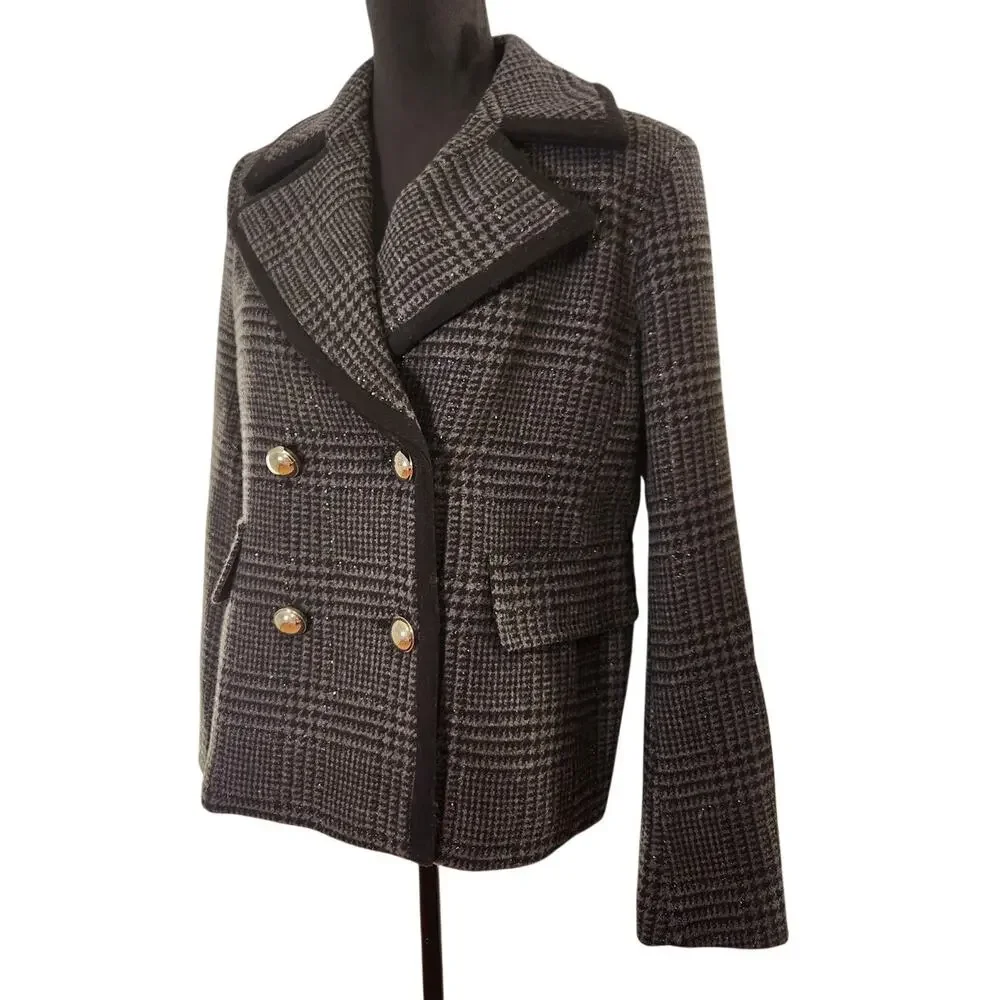 KATE SPADE NWT Sparkle Houndstooth Wool Blend Peacoat, Size Small
